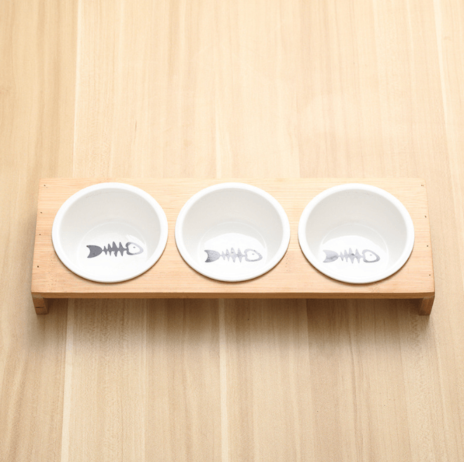 Stylish Bamboo And Ceramic Cat Dog Feeder Bowls-4